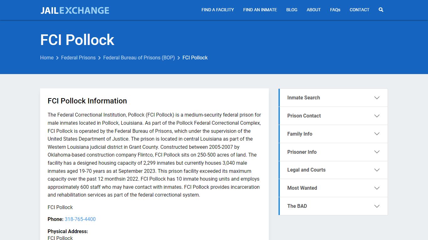 Federal Inmate Search - FCI Pollock - Jail Exchange